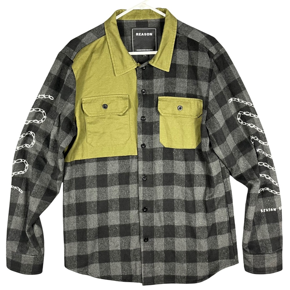 Reason Flannel Shirt Mens L Grey Black Buffalo Plaid Barbed Wire Streetwear